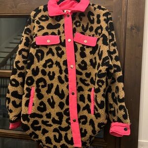 Leopard Print Fleece Jacket with Pink Accents